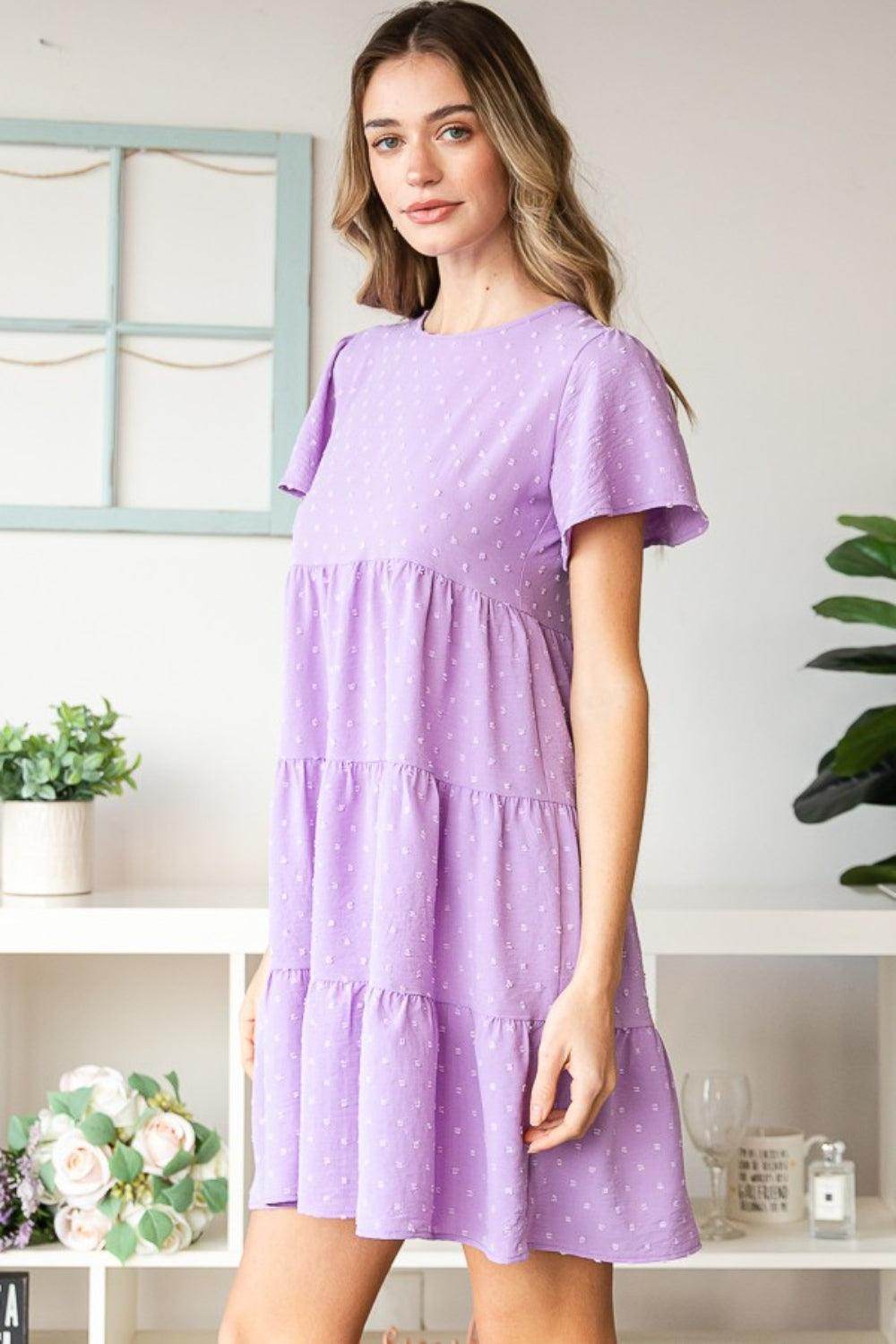 Heimish Full Size Swiss Dot Short Sleeve Tiered Dress - Selvanelle
