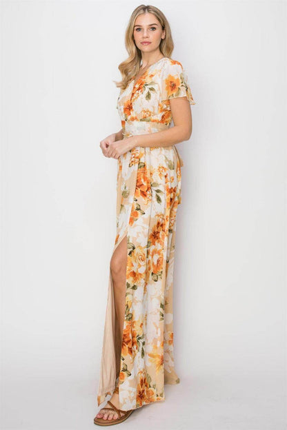 HYFVE Floral Tie Back Short Sleeve Slit Maxi Dress for Women - Selvanelle