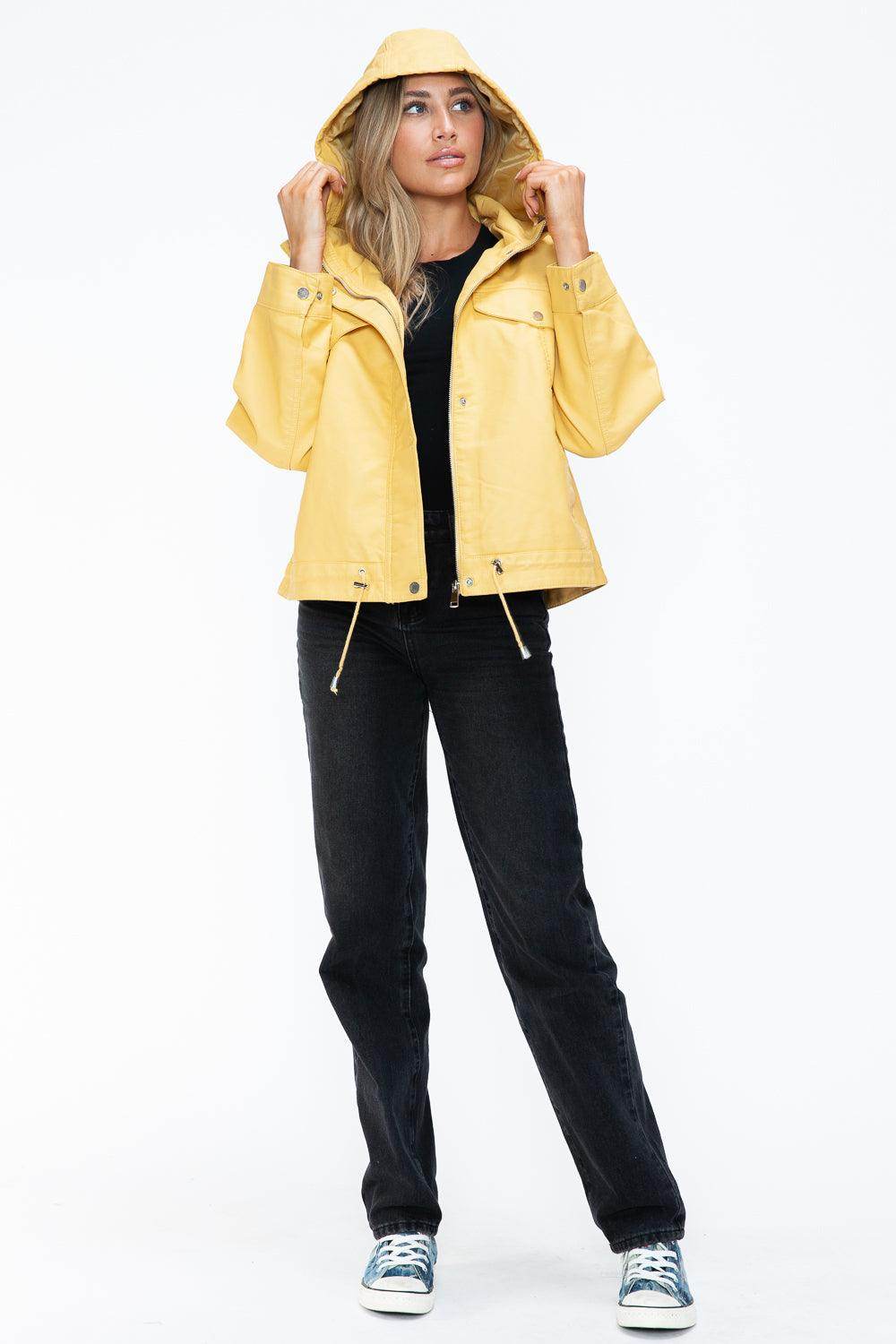 How Dare U Drawstring Hem PU Leather Zip Up Jacket for Women - Selvanelle