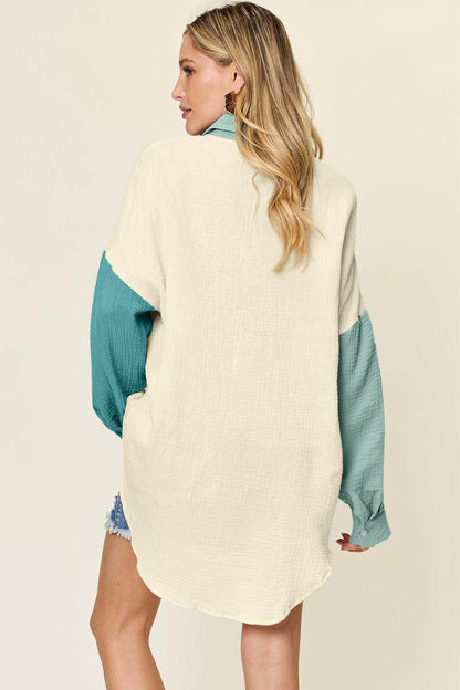 Double Take Full Size Pocketed Texture Button Up Shirt - Selvanelle