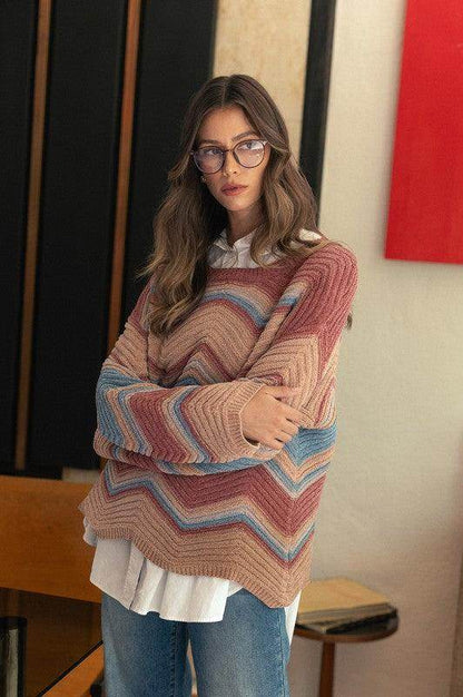 Annie Wear Multi Color Zig-Zag Round Neck Sweater for Women - Selvanelle