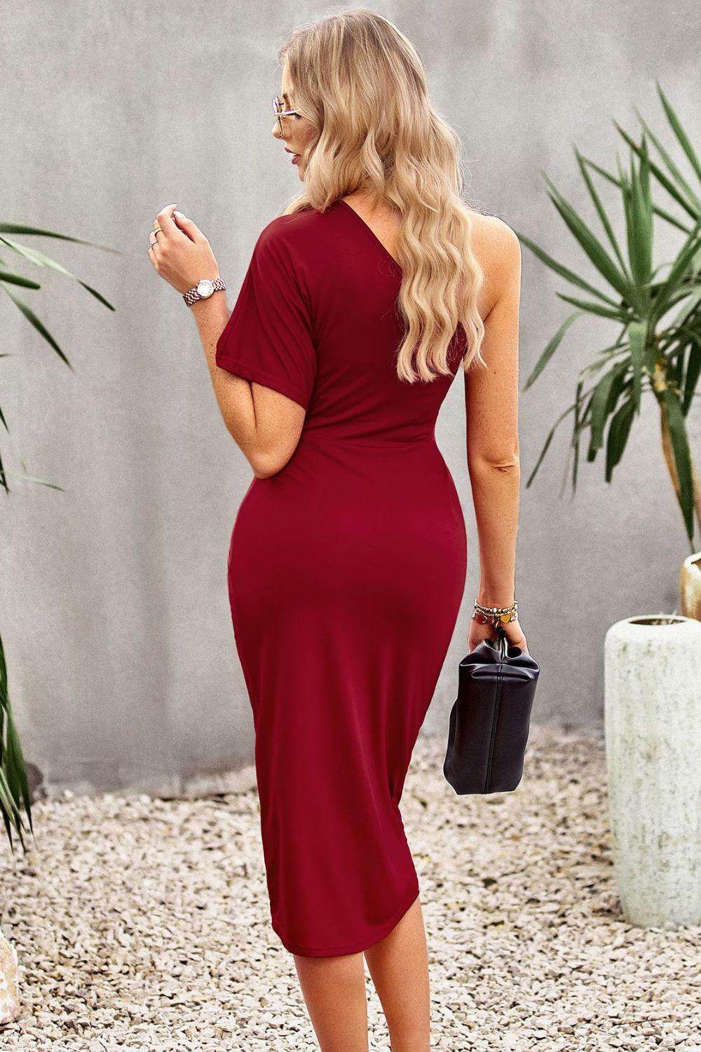Devine Ruched One-Shoulder Tulip Hem Dress for Women - Selvanelle