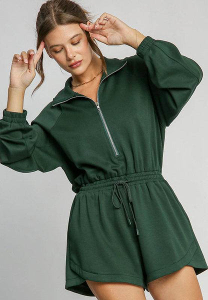 Drawstring Half Zip Long Sleeve Romper - Selvanelle
