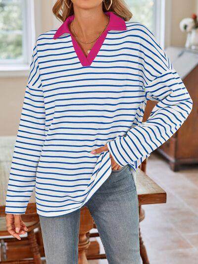 Lovelet Striped Johnny Collar Long Sleeve T-Shirt for Women - Selvanelle