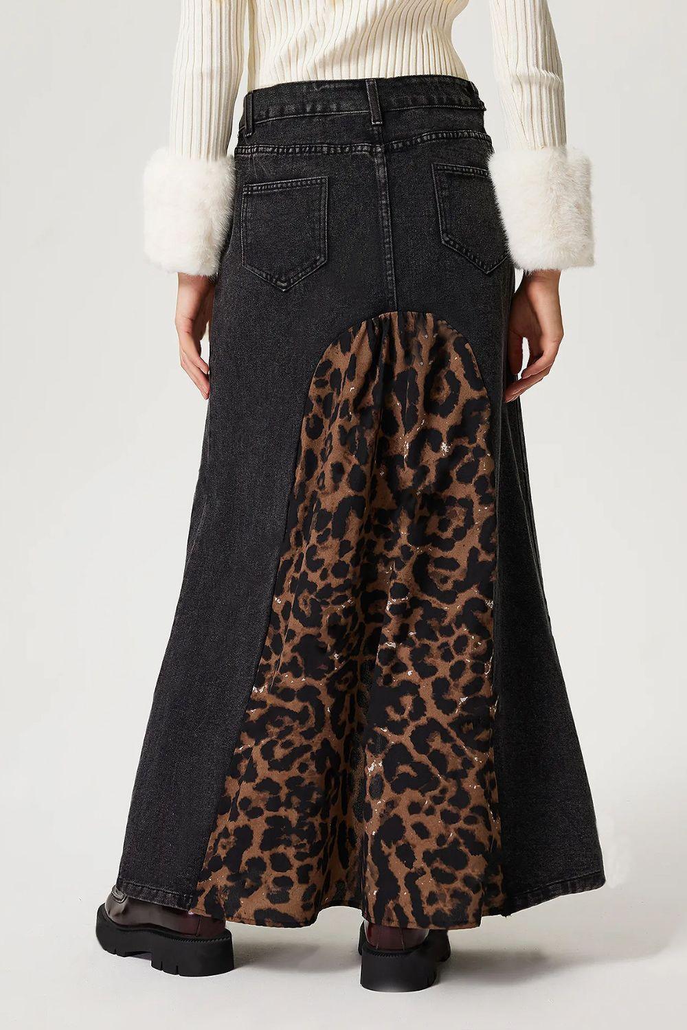 Slit Leopard Midi Denim Skirt for Trendy Casual Style