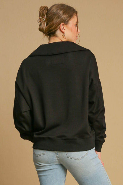 Umgee Johnny Collar Dropped Shoulder Sweatshirt for Women - Selvanelle