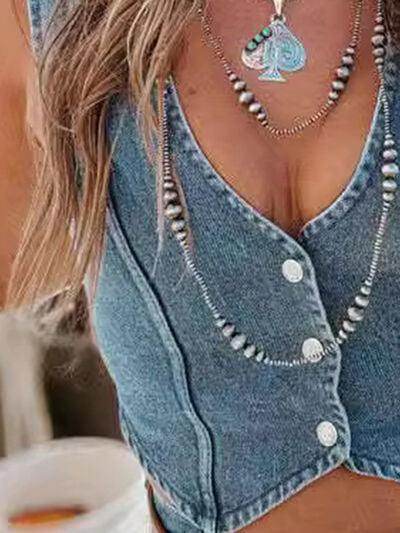 Buttoned V-Neck Denim Top for Stylish Casual Outfits - Selvanelle