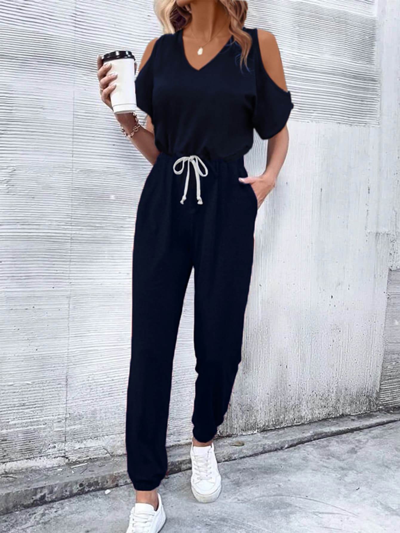 V-Neck Cold-Shoulder Jumpsuit with Pockets - Selvanelle