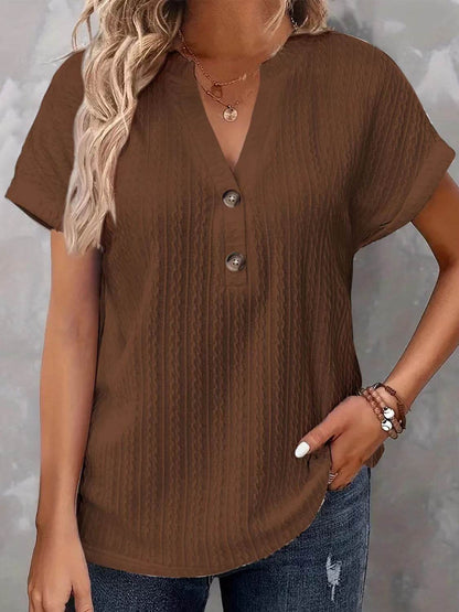 Textured Notched Short Sleeve Top - Selvanelle