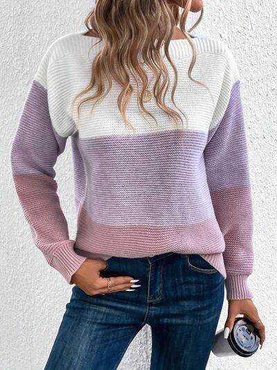 Color Block Boat Neck Sweater for Stylish Layering - Selvanelle