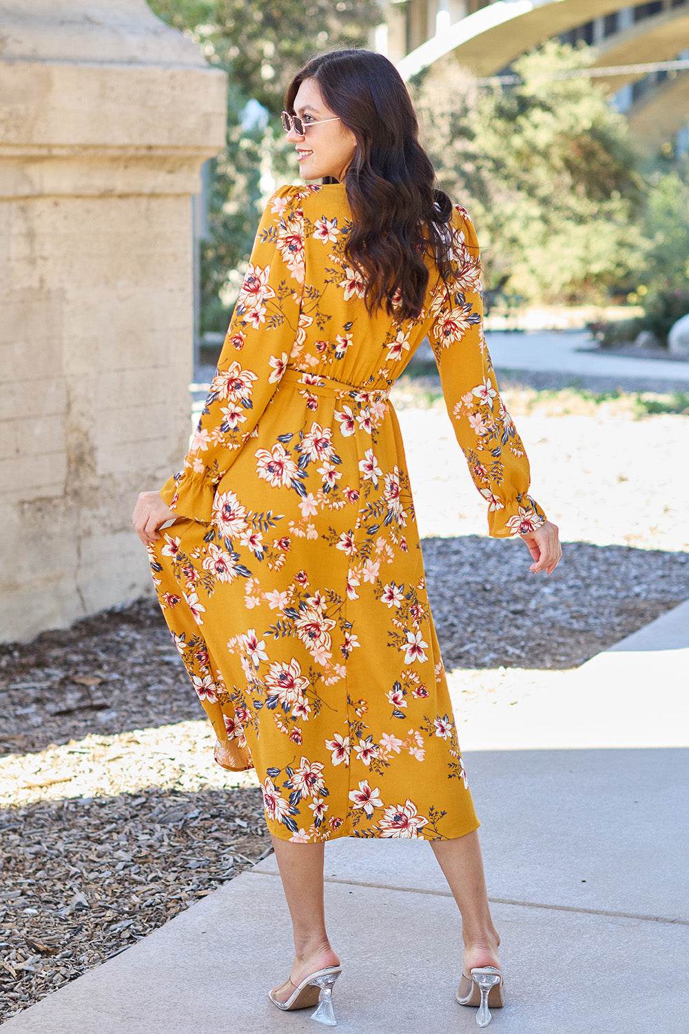 Double Take Full Size Floral Tie Back Flounce Sleeve Dress - Selvanelle