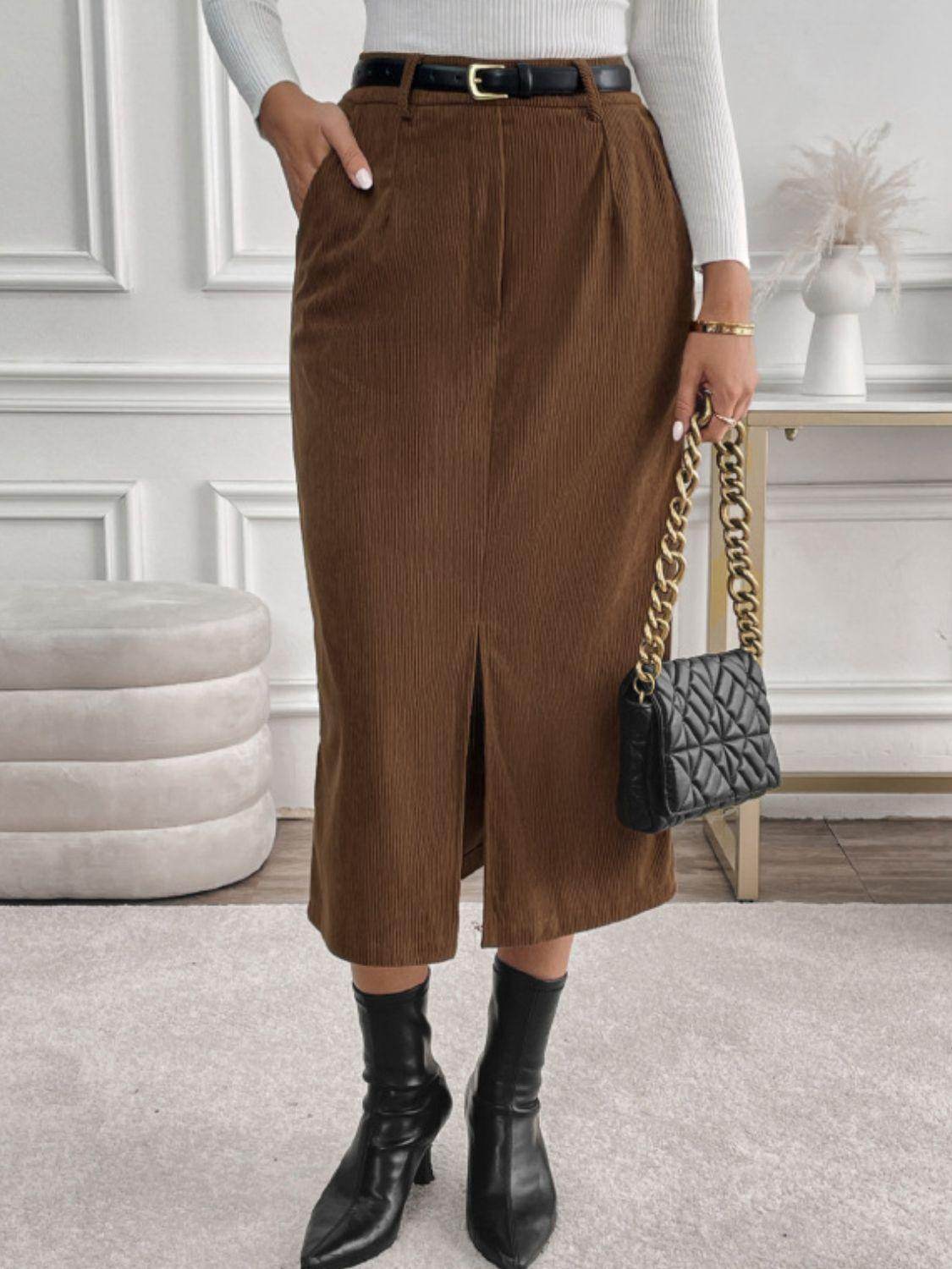 Perfee Slit Midi Skirt with Pockets for Stylish Comfort - Selvanelle