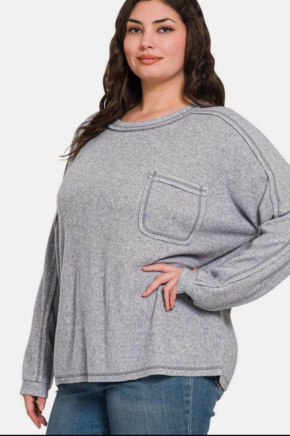 Zenana Full Size Contrast Stitching Brushed Ribbed Top - Selvanelle