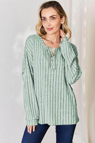 Basic Bae Full Size Ribbed Half Button Long Sleeve T-Shirt - Selvanelle