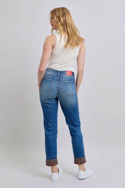 Judy Blue Full Size Plaid Print Cuff Straight Leg Jeans - Selvanelle
