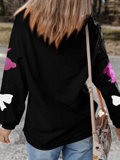 Sequin Bunny Bow Easter Corded Rib Sweatshirt - Selvanelle