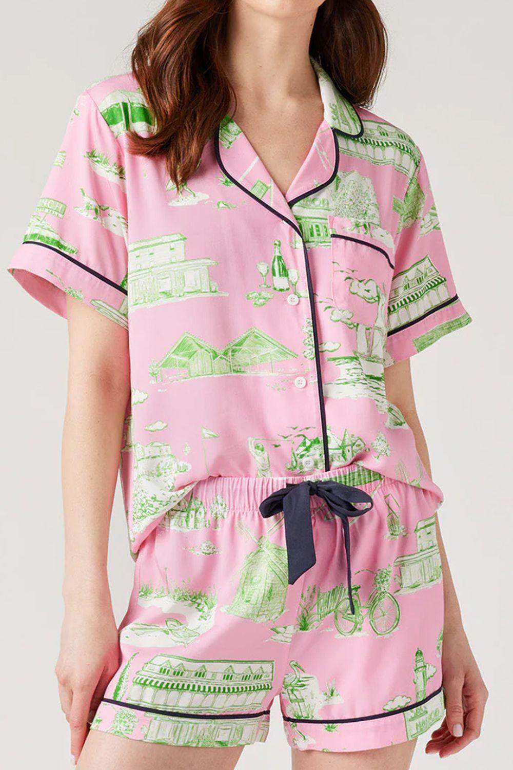 Collared Neck Printed Top and Drawstring Shorts Lounge Set - Selvanelle