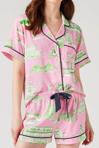 Collared Neck Printed Top and Drawstring Shorts Lounge Set - Selvanelle