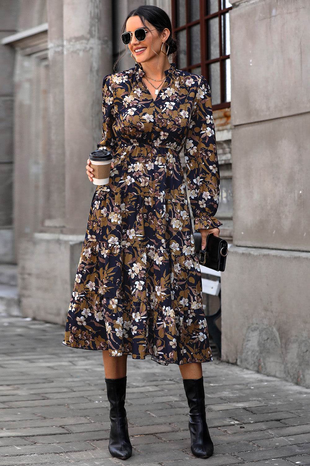 Perfee Floral Flounce Sleeve Tiered Dress - Selvanelle