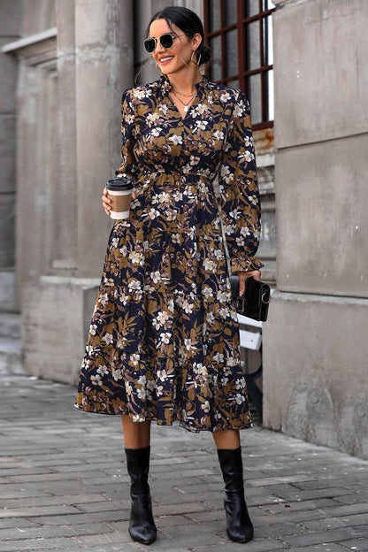 Perfee Floral Flounce Sleeve Tiered Dress - Selvanelle
