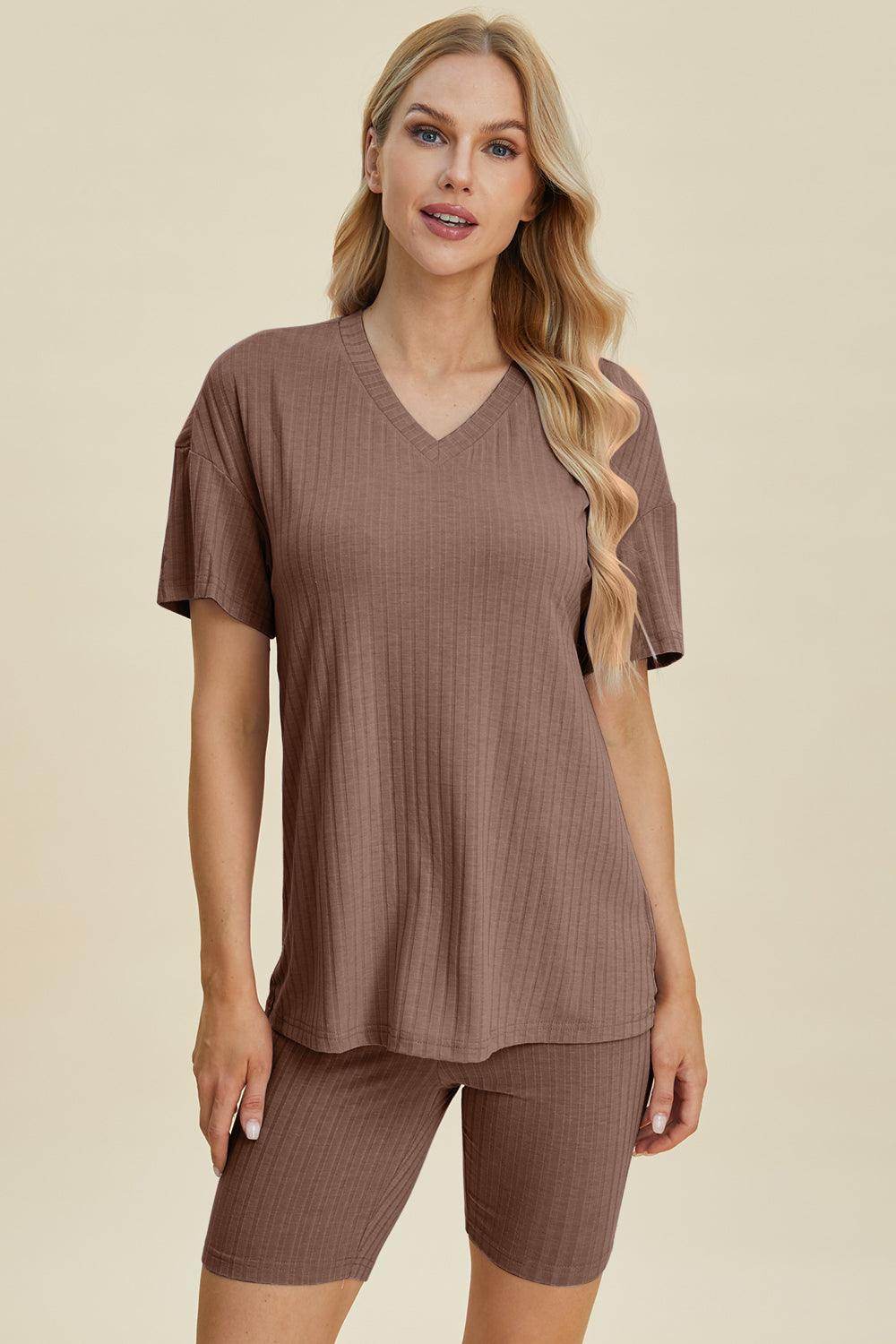 Basic Bae Full Size Ribbed V-Neck Top and Shorts Set For Women - Selvanelle