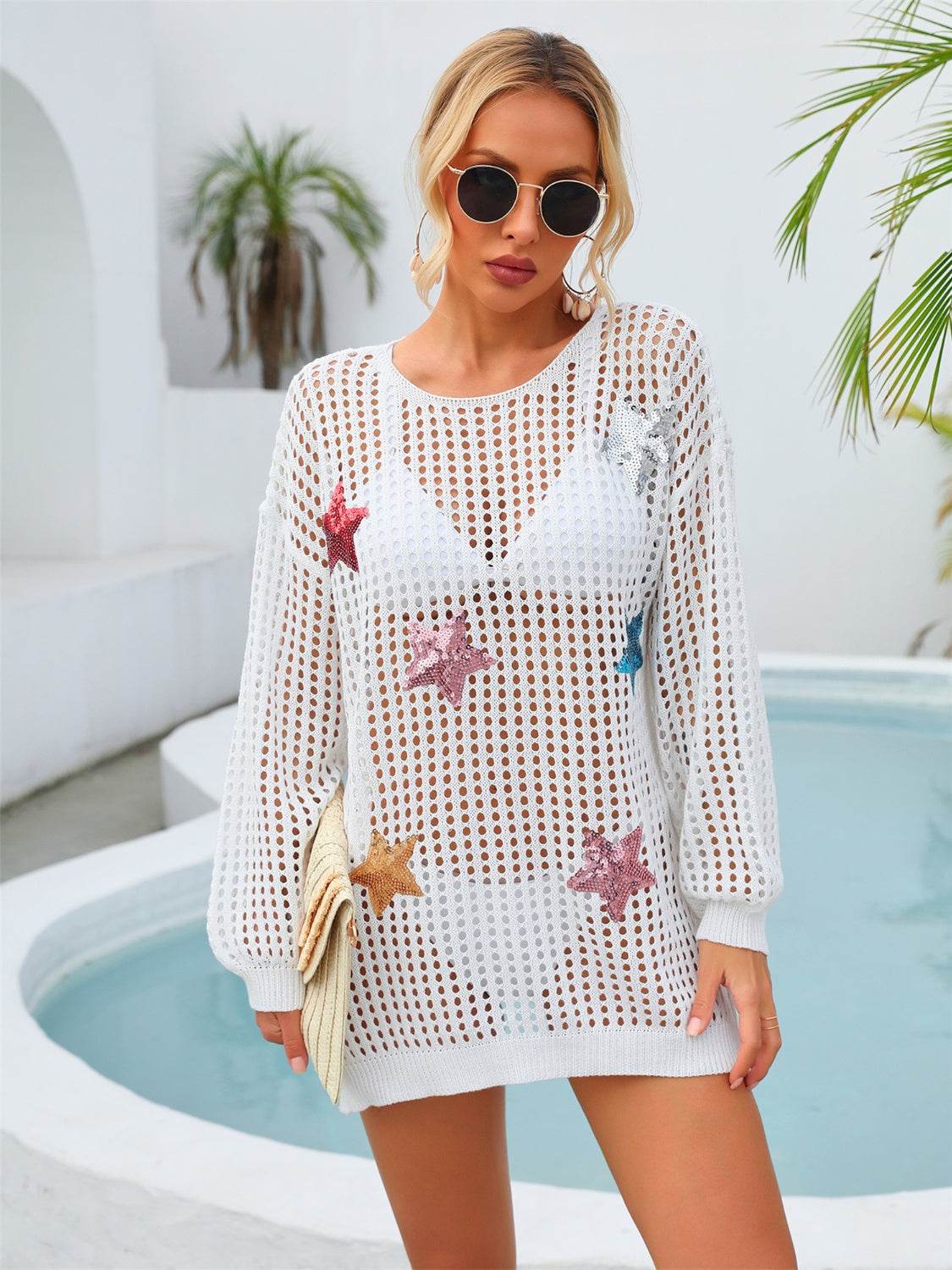Angel Wings Sequin Star Round Neck Long Sleeve Cover Up - Selvanelle