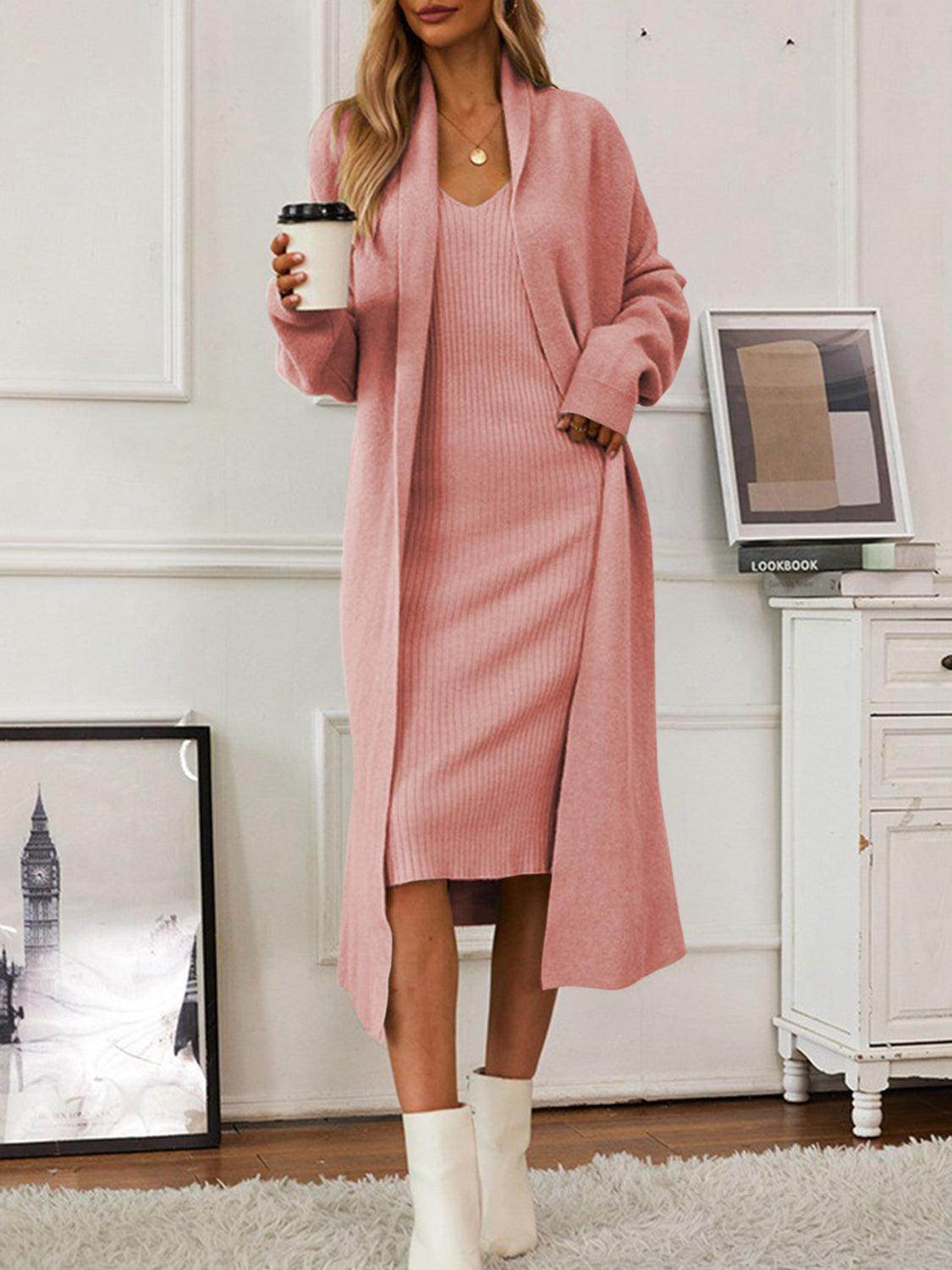 V-Neck Cami Dress and Open Front Cardigan Sweater Set - Selvanelle