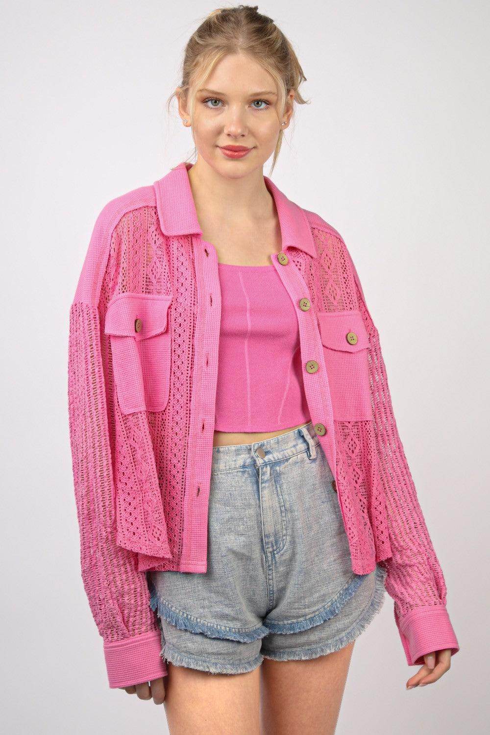 Very J Button Up Long Sleeve Lace Shirt for Women - Selvanelle