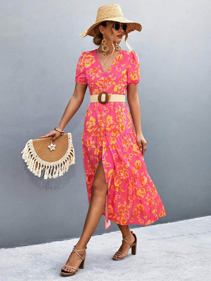 V-Neck Short Sleeve High Slit Midi Dress for Chic Style - Selvanelle