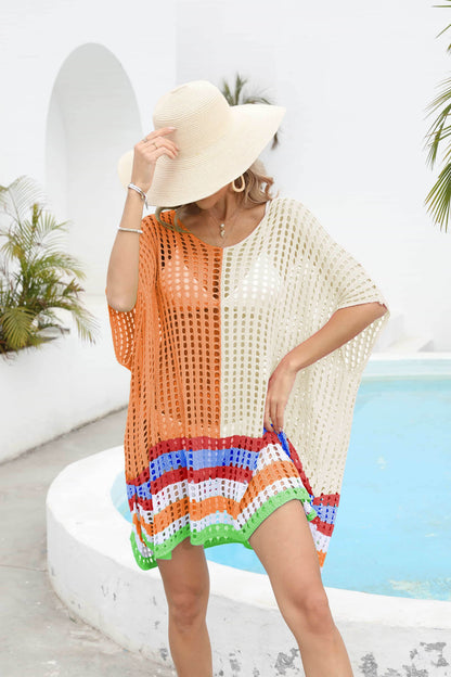 Contrast Scoop Neck Openwork Half Sleeve Cover Up - Selvanelle