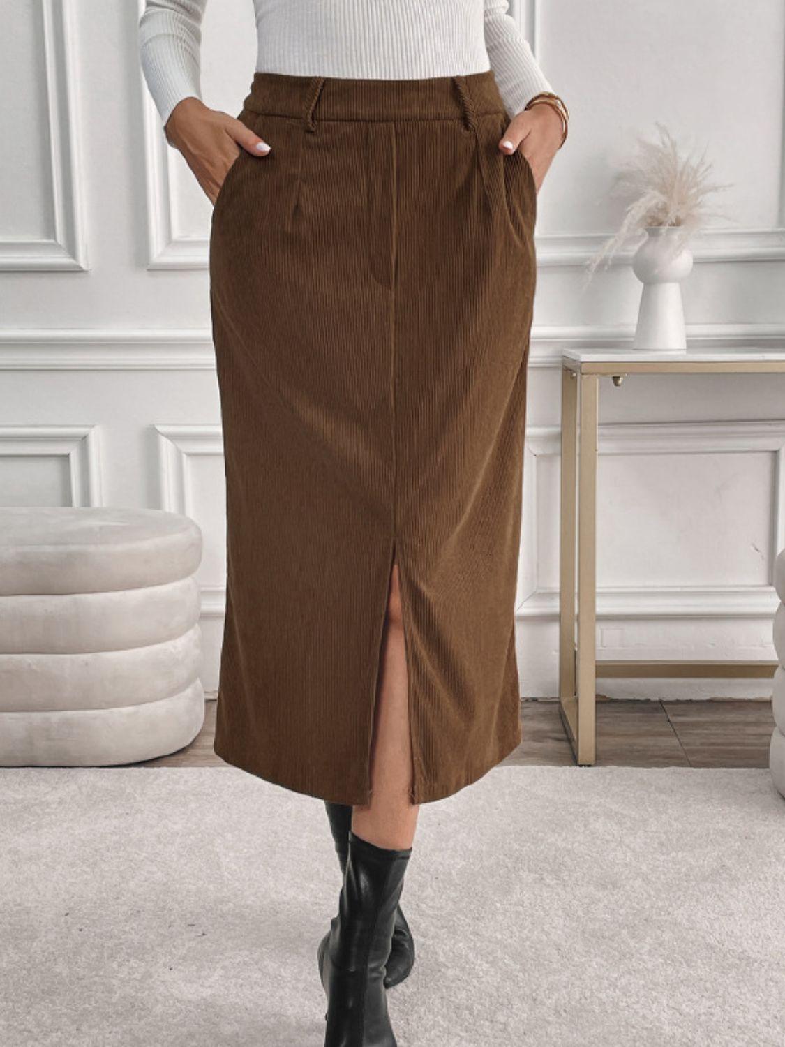 Perfee Slit Midi Skirt with Pockets for Stylish Comfort