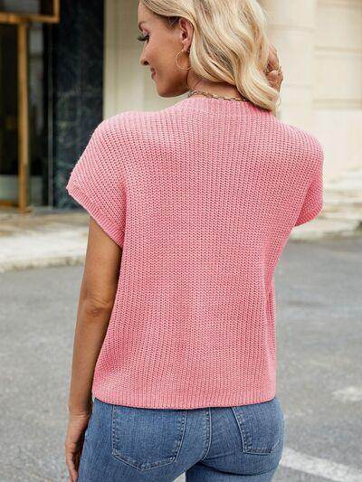 Round Neck Short Sleeve Sweater with Pocketed Stretch - Selvanelle