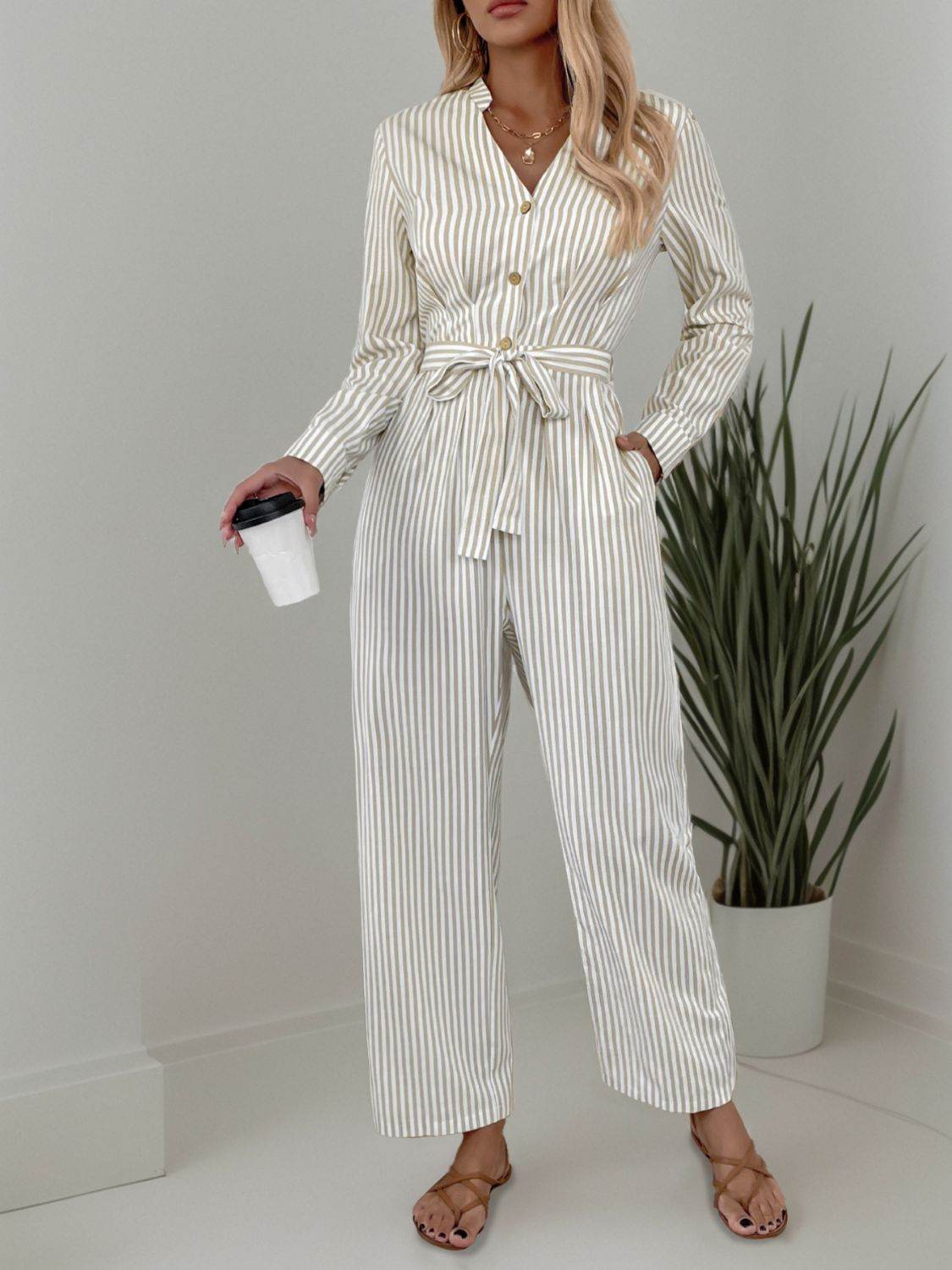 Striped Notched Long Sleeve Tie Waist Jumpsuit - Selvanelle