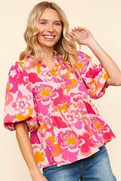 Haptics Full Size Frill Floral Puff Sleeve Blouse Chic - Selvanelle