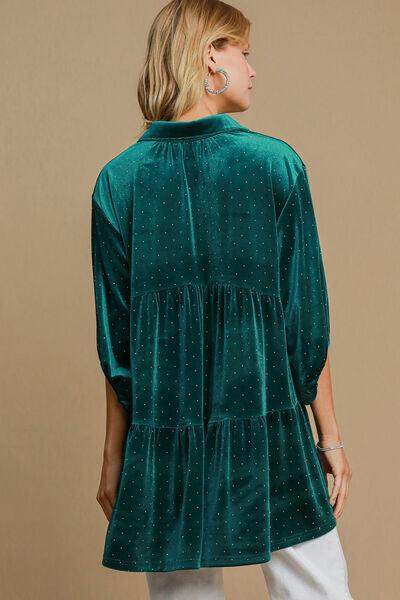 Umgee Full Size Polka Dot Collared Neck Button Up Shirt - Selvanelle