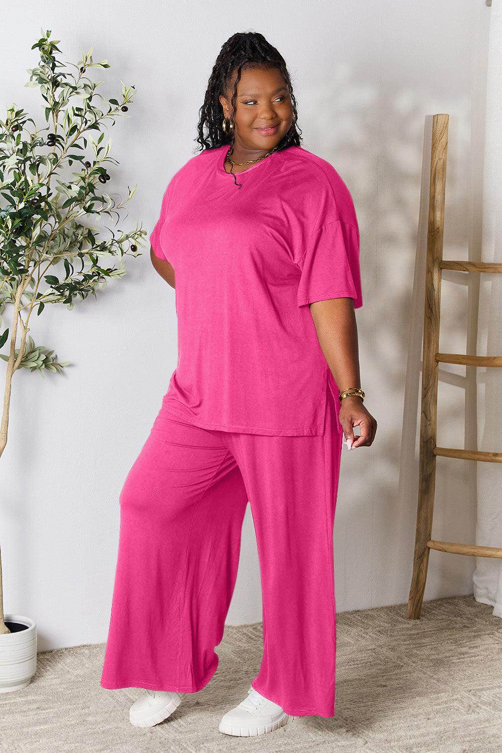 Double Take Full Size Round Neck Slit Top and Pants Set - Selvanelle