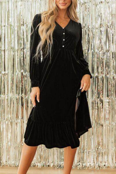 Ruffle Hem Slit V-Neck Long Sleeve Dress for Women - Selvanelle