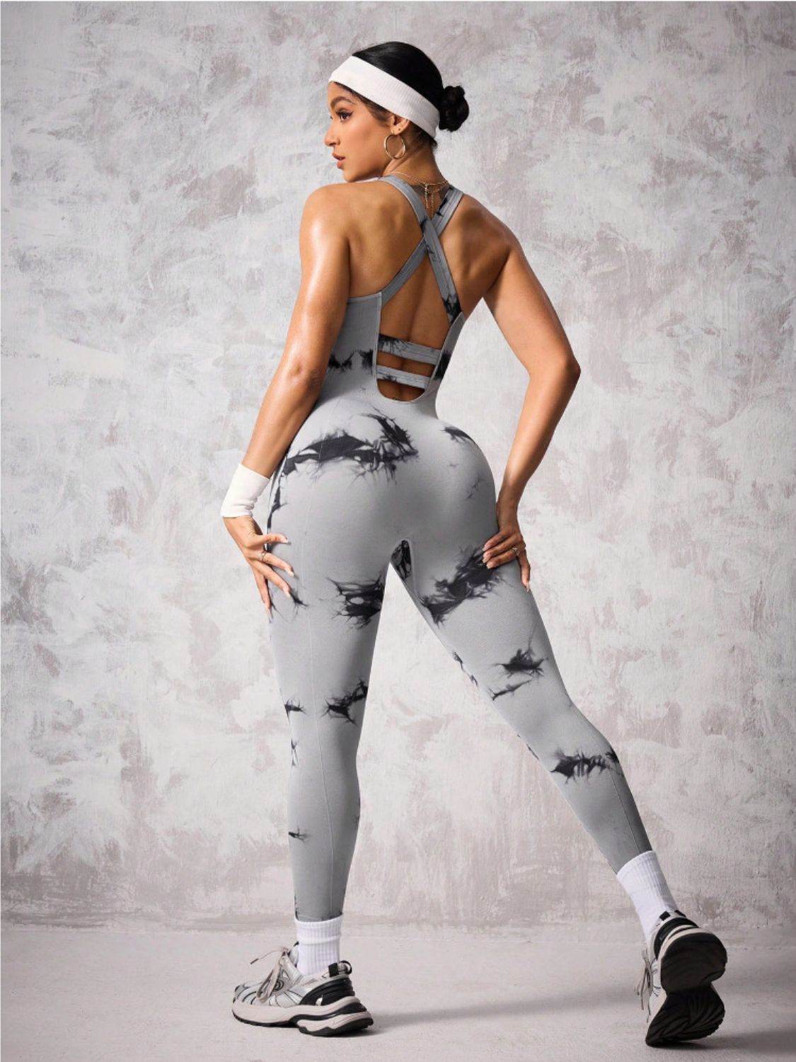 Back Crisscross Tie-Dye Scoop Neck Active Jumpsuit - Selvanelle