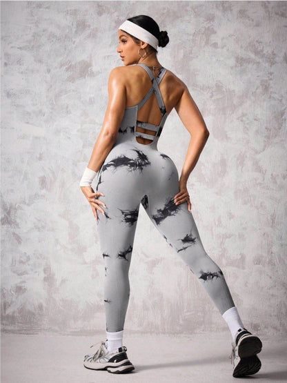 Back Crisscross Tie-Dye Scoop Neck Active Jumpsuit - Selvanelle