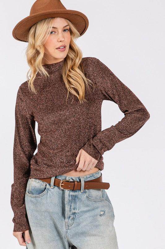 SAGE + FIG Glitter Mock Neck Lettuce Hem Long Sleeve Top - Selvanelle