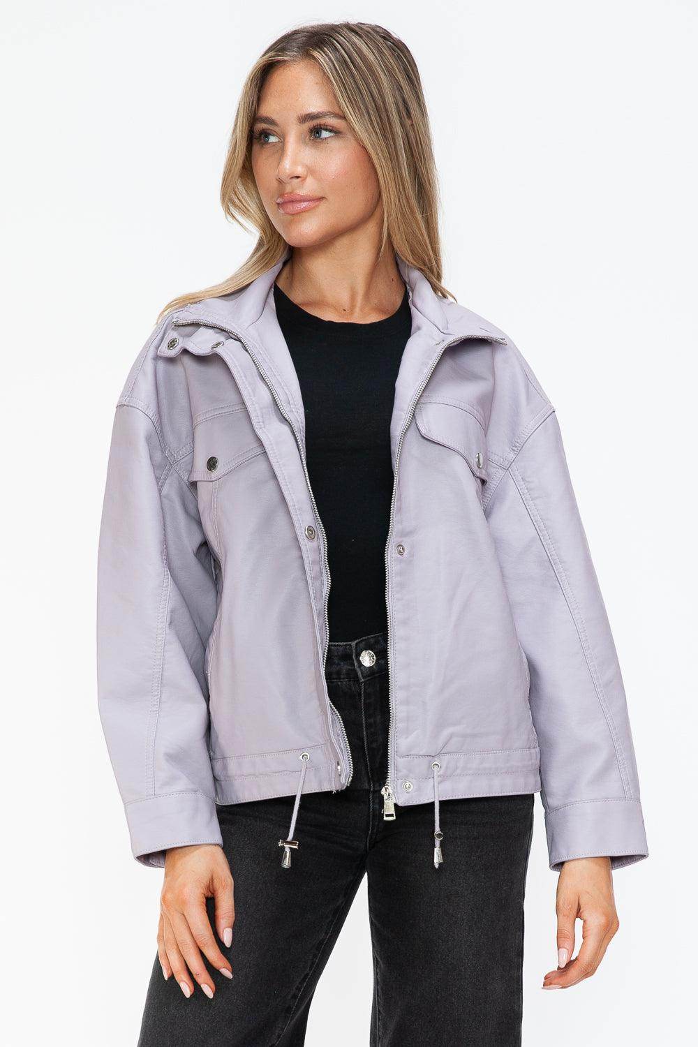How Dare U Drawstring Hem PU Leather Zip Up Jacket Women - Selvanelle