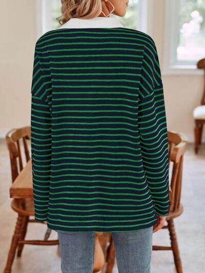 Lovelet Striped Johnny Collar Long Sleeve T-Shirt for Women - Selvanelle