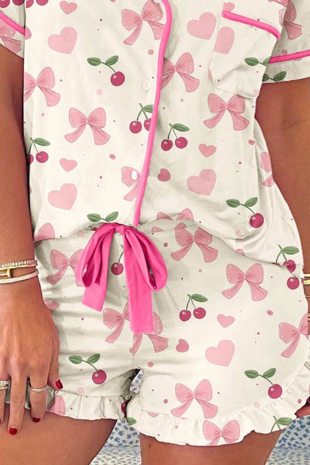 Printed Button Up Short Sleeve Top and Shorts Lounge Set - Selvanelle