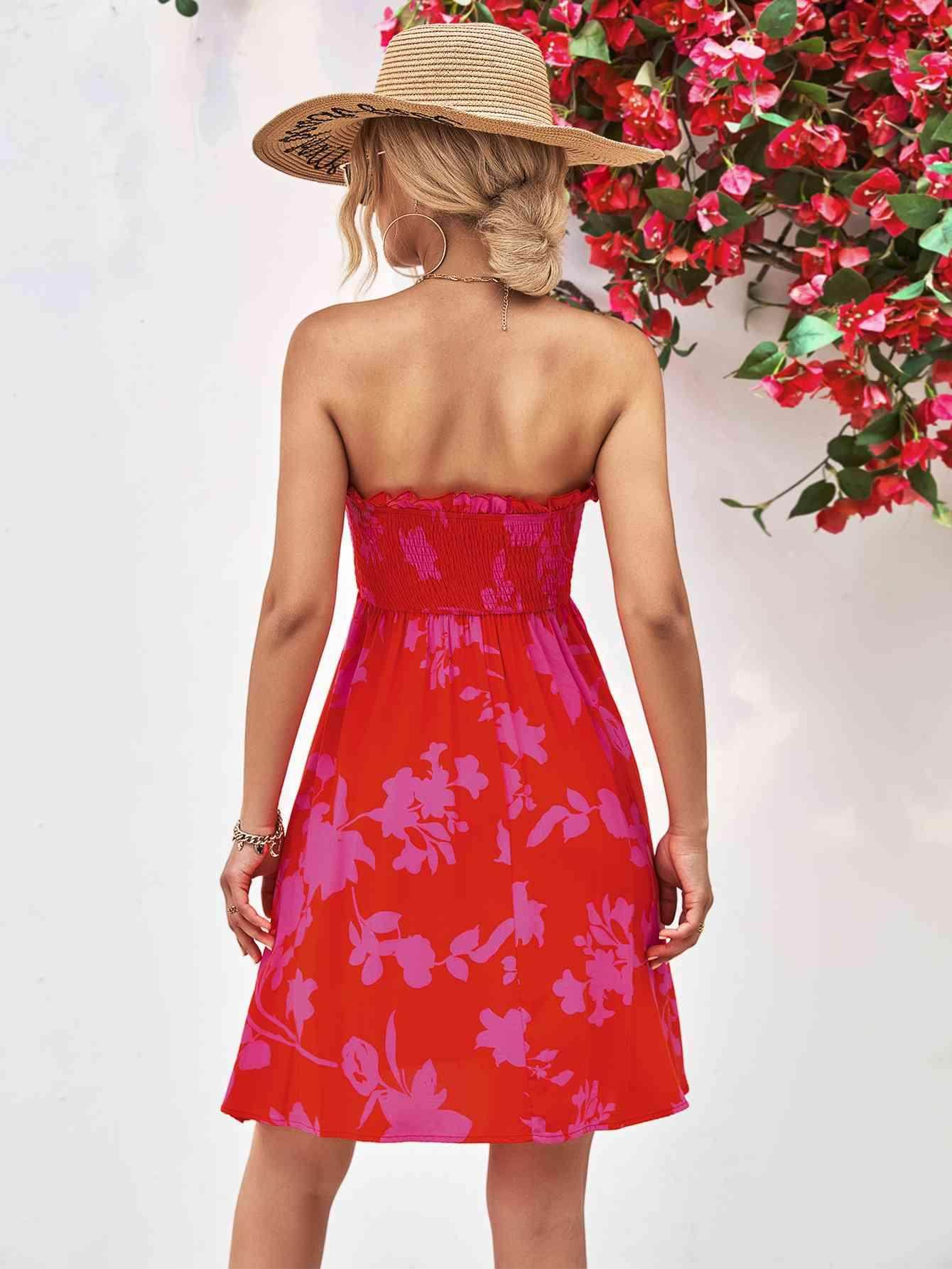 Floral Frill Trim Strapless Smocked Dress for Women - Selvanelle