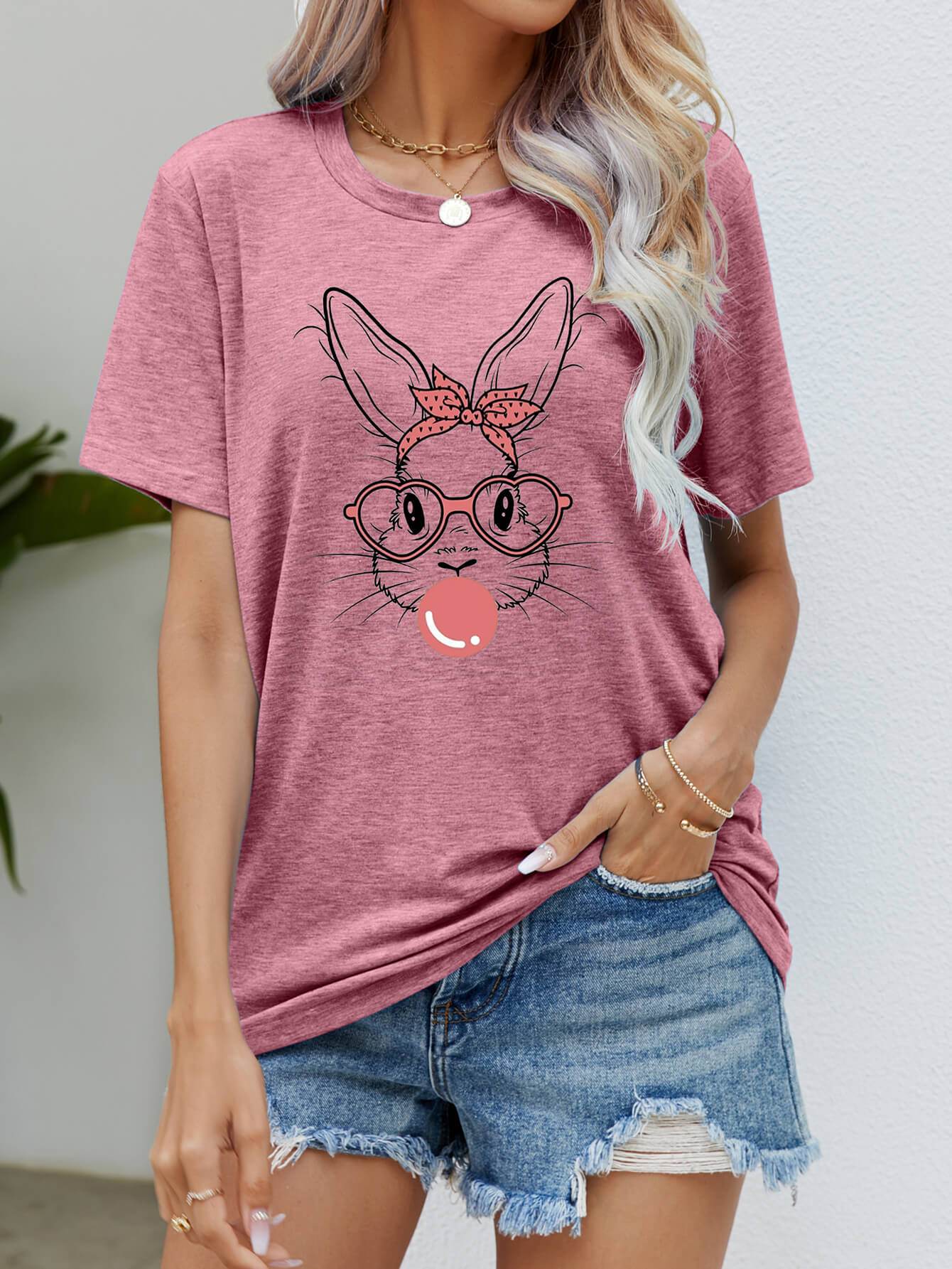 Easter Bunny Graphic Round Neck T-Shirt - Selvanelle