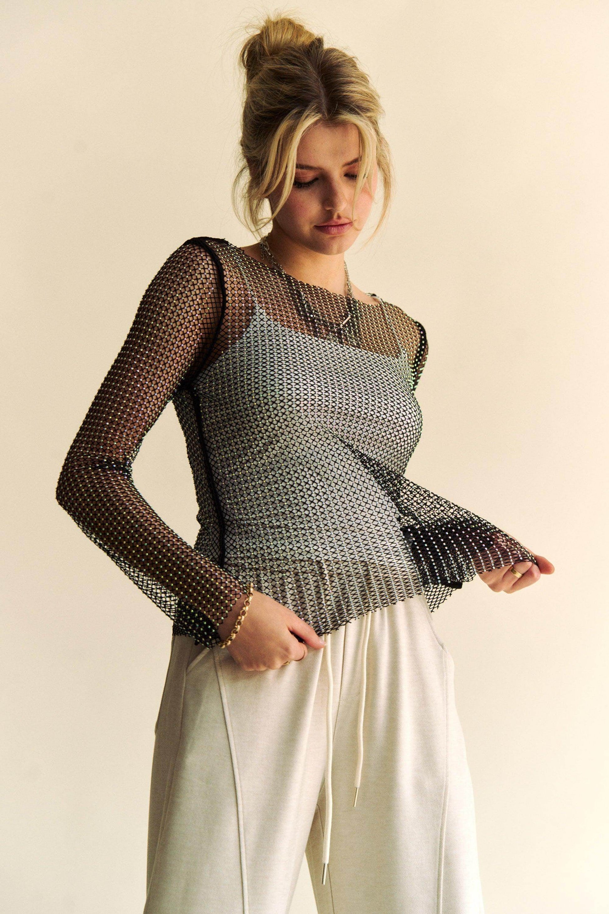Davi & Dani Sparkling Rhinestone Sheer Mesh Round Neck Top - Selvanelle