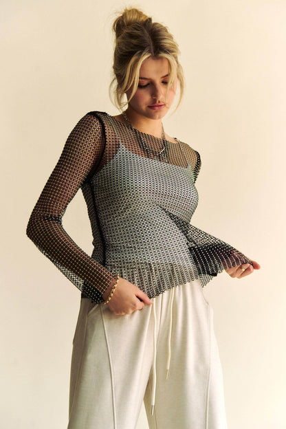 Davi & Dani Sparkling Rhinestone Sheer Mesh Round Neck Top - Selvanelle