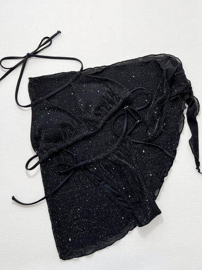 Glitter Halter Neck Backless Three-Piece Swim Set - Selvanelle