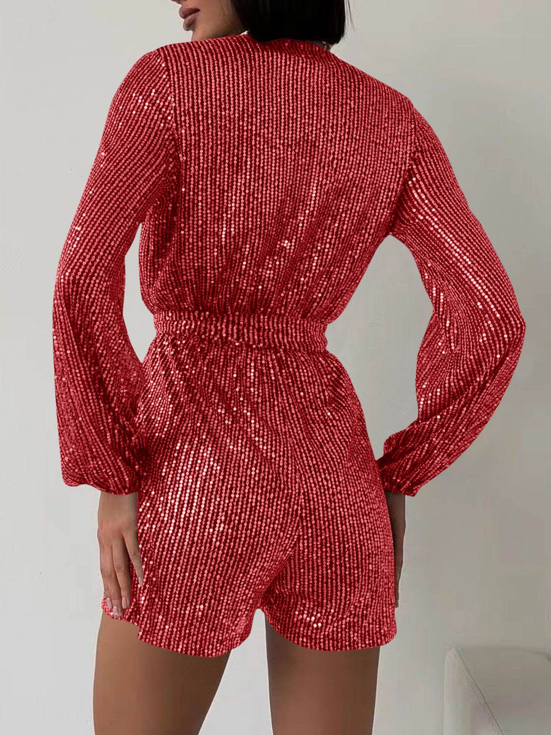 Full Size Sequin Surplice Tie Waist Long Sleeve Romper - Selvanelle