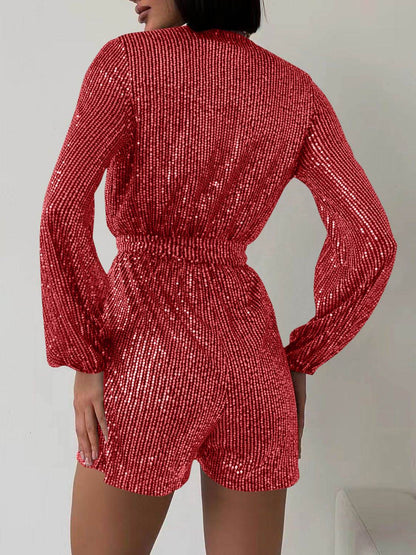 Full Size Sequin Surplice Tie Waist Long Sleeve Romper - Selvanelle